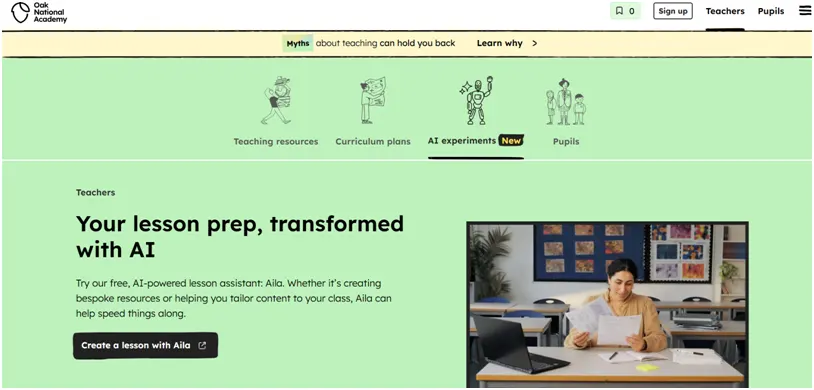 A screenshot of the homepage of Aila, an automated lesson planner by Oak National Academy