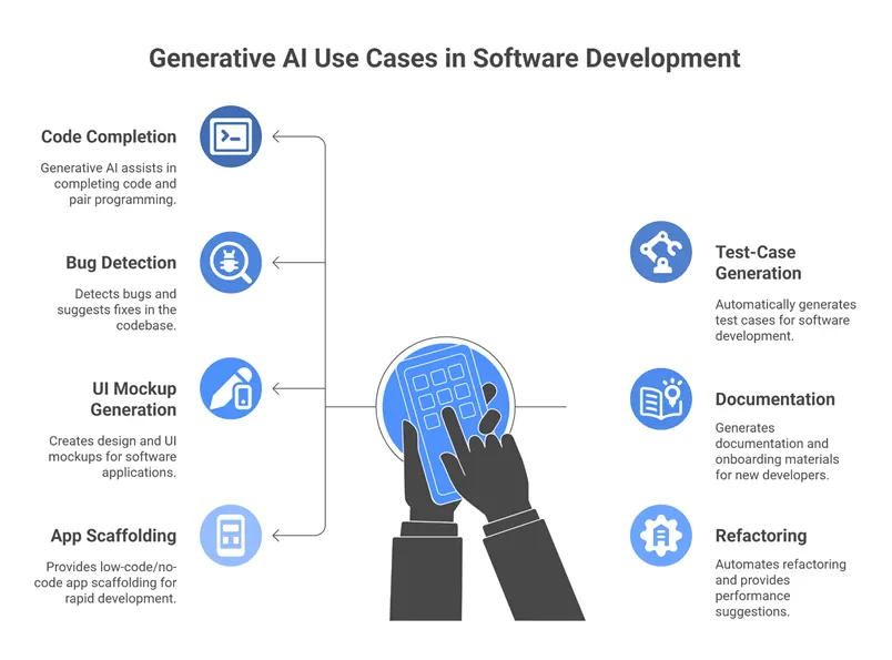 A diagram on generative AI use cases in software development, including code completion, bug detection, refactoring, etc.