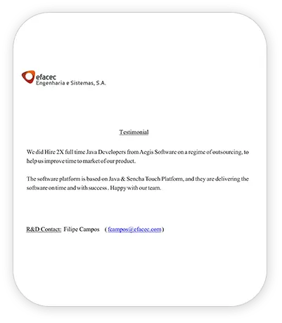 Testimonial from Efacec highlighting successful Java developer outsourcing with Aegis softtech using Java and Sencha Touch platform