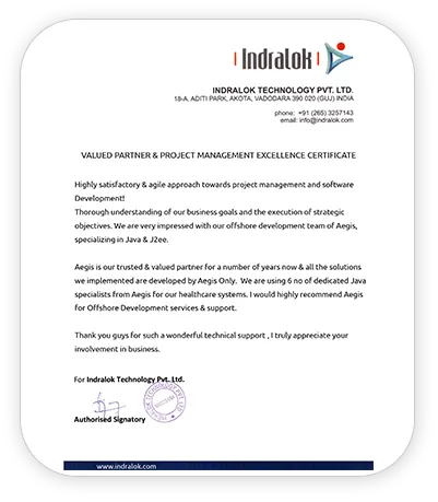 Certificate from Indralok Technology recognizing Aegis Softtech as a valued offshore development partner with Java and J2EE specialists