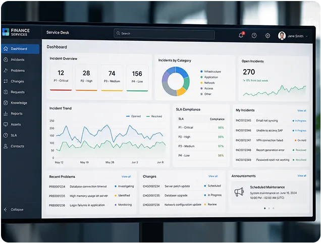 ServiceNow financial services dashboard ServiceNow Managed Services Financial Services Results