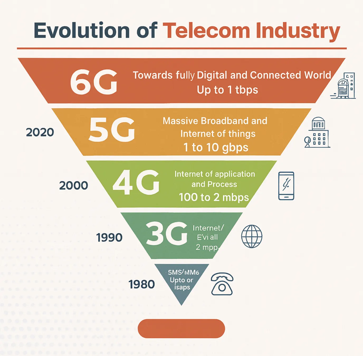 A pyramid chart showing the evolution of telecom from 1G to 6G with dates and speeds.