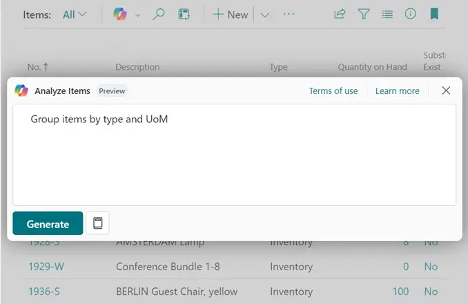 Business Central Copilot AI to extract insights from your workspace
