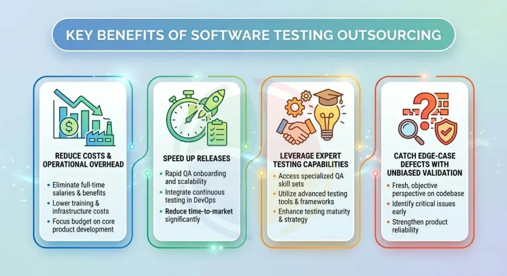 List of the key benefits of outsourcing software testing. List of the key benefits of outsourcing software testing.