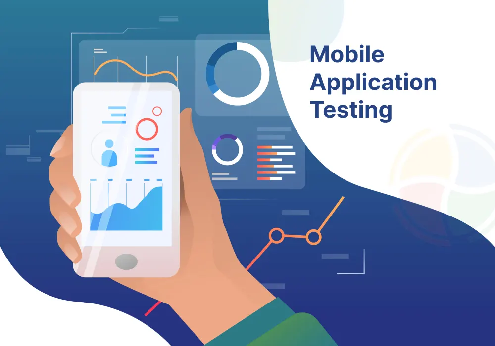 A visual representation of mobile application testing with a mobile being held in a hand. A visual representation of mobile application testing with a mobile being held in a hand.