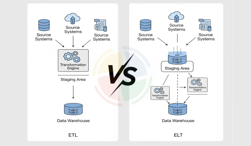 Showing the difference between ELT and ETL through where their transformation stage is Showing the difference between ELT and ETL through where their transformation stage is