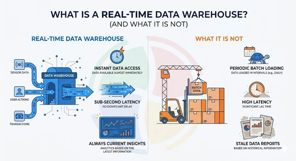 Infographic explaining how real-time data warehouse works and what it is not (periodic batch loading, stale data, etc).
