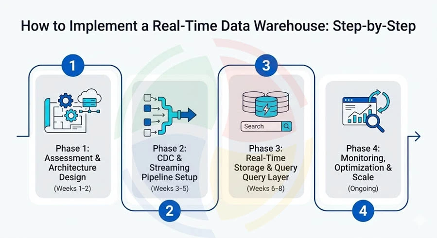 Infographic showing how to implement a real-time data warehouse in 4 steps, from assessment to monitoring and optimization.
