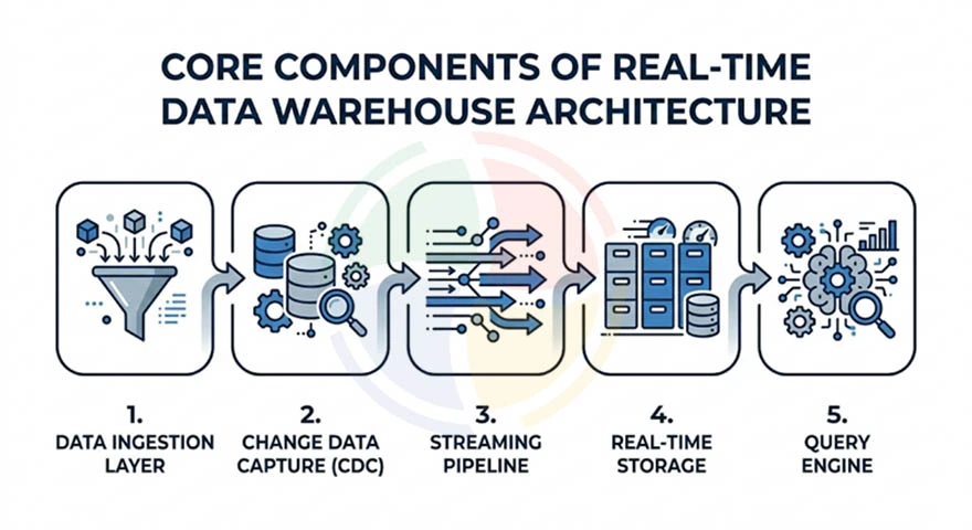 5 components of real-time data warehouse architecture, including data ingestion layer, CDC, streaming pipeline, etc.
