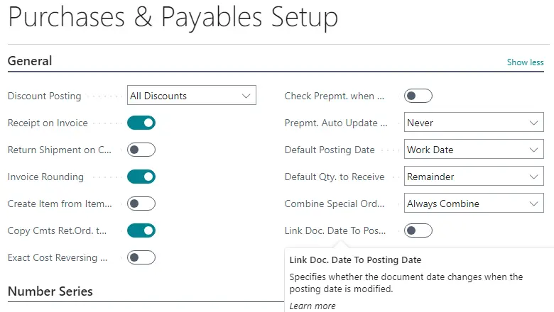 how to link document date to posting date in business central