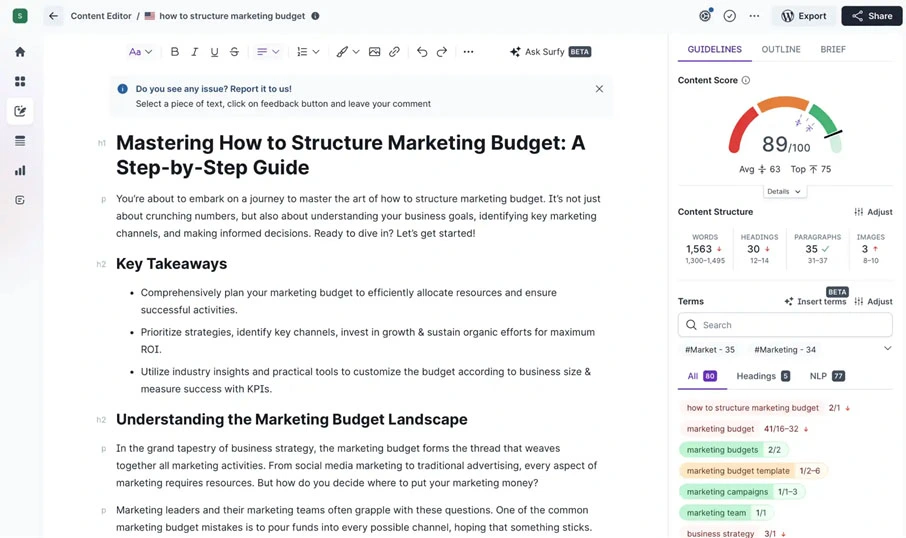 Surfer SEO AI marketing tools for keyword optimization