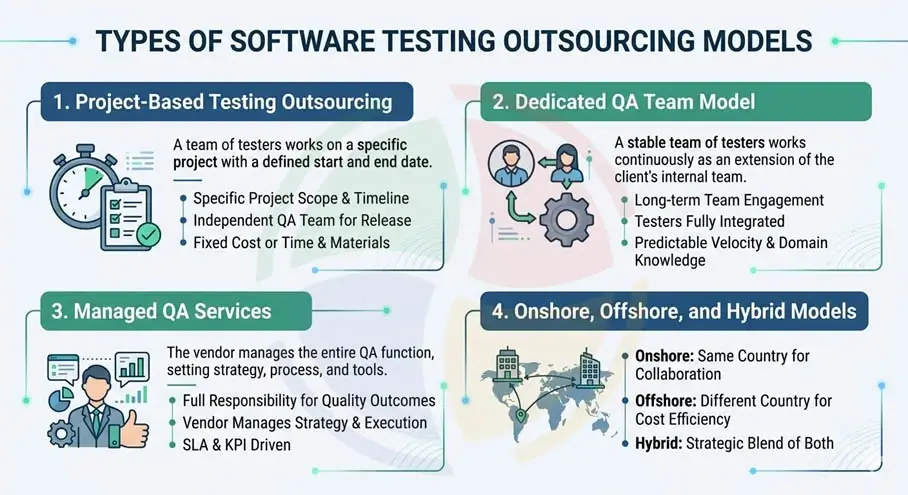 An overview of the four key types of software testing outsourcing models.