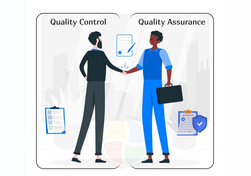 Two illustrative figures shaking hands, illustrating the interplay between QA and QC Two illustrative figures shaking hands, illustrating the interplay between QA and QC