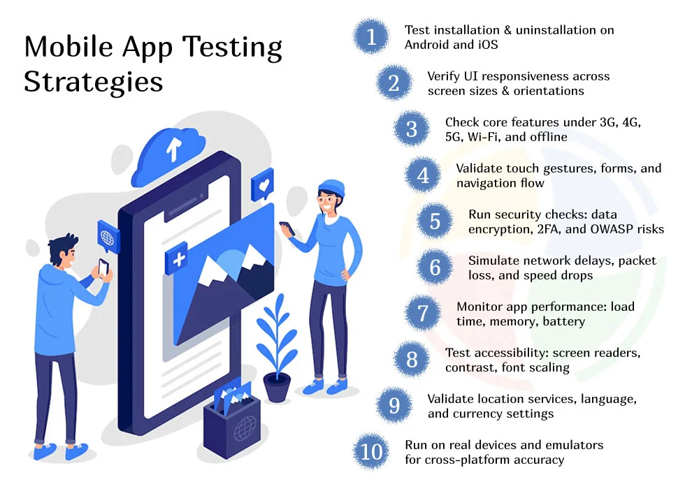 An infographic showing a checklist for mobile app testing
