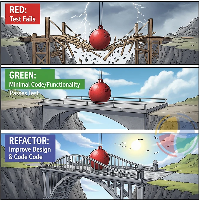An image describing a real-world analogy of the Red–Green–Refactor loop in Test-Driven Development