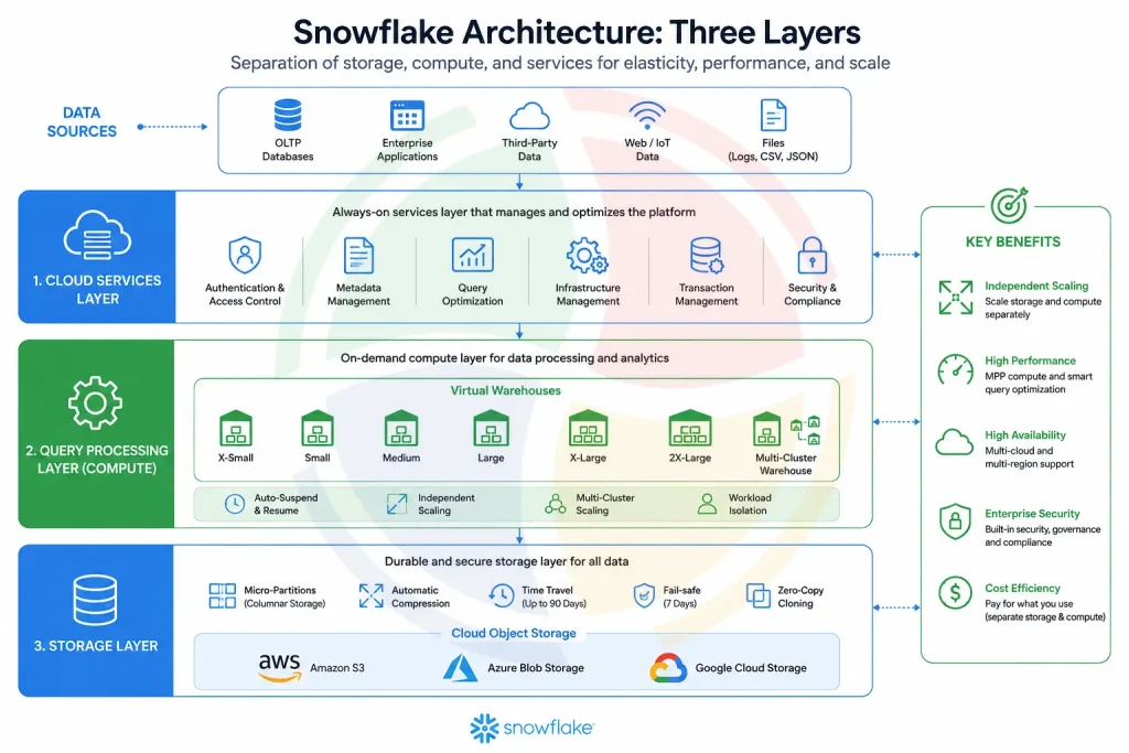 Snowflake architecture diagram showing Storage, Compute, and Cloud Services layers Snowflake architecture diagram showing Storage, Compute, and Cloud Services layers