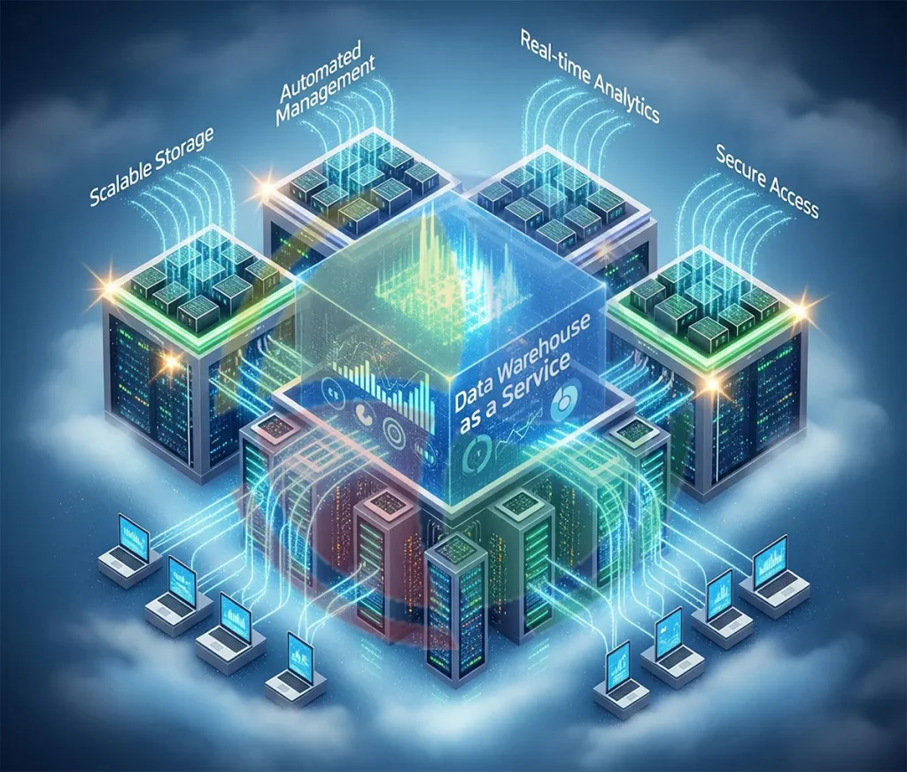 Diagram showing Aegis Softtech’s Data Warehouse-as-a-Service, processing data for analytics.