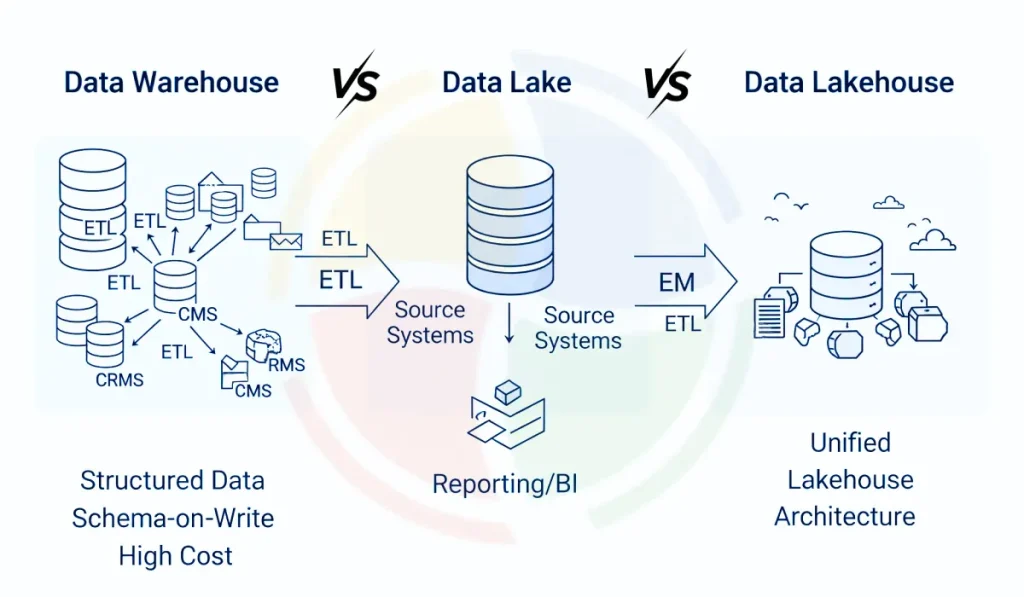 Diagram illustrating the evolution from Data Warehouse to Data Lake to a unified Data Lakehouse architecture