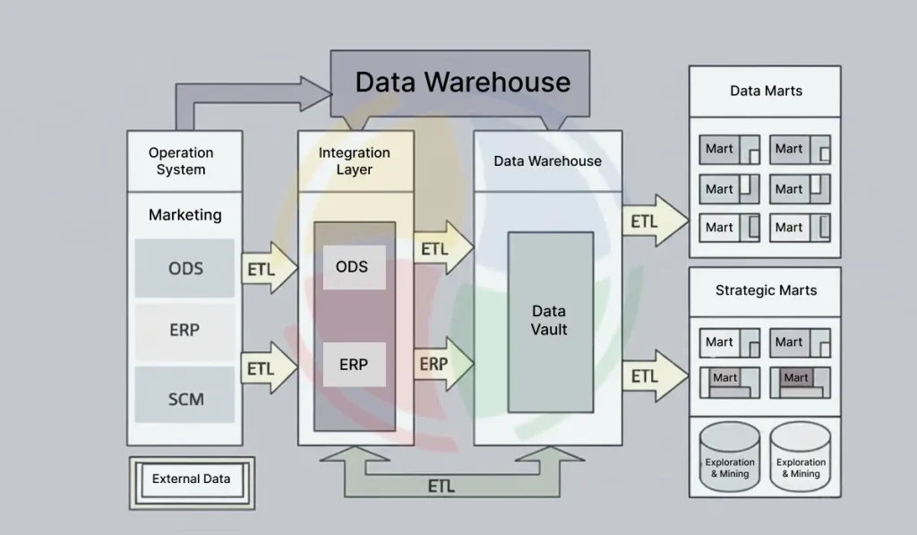 Diagram illustrating a traditional Data Warehouse architecture with ETL, integration layer, and data marts
