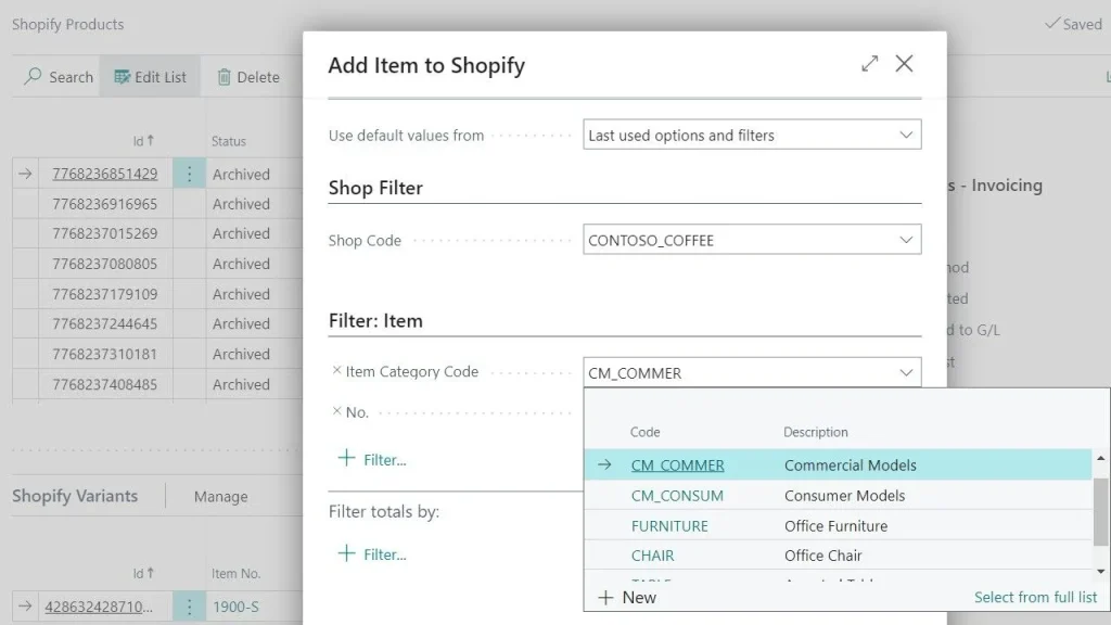 Shopify connector in Business Central for retail