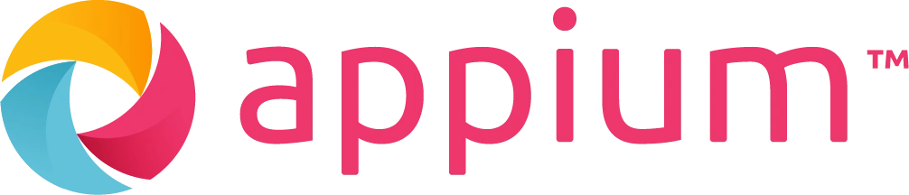 Appium logo with pink text and a multi-color logo on the left. Appium logo with pink text and a multi-color logo on the left.