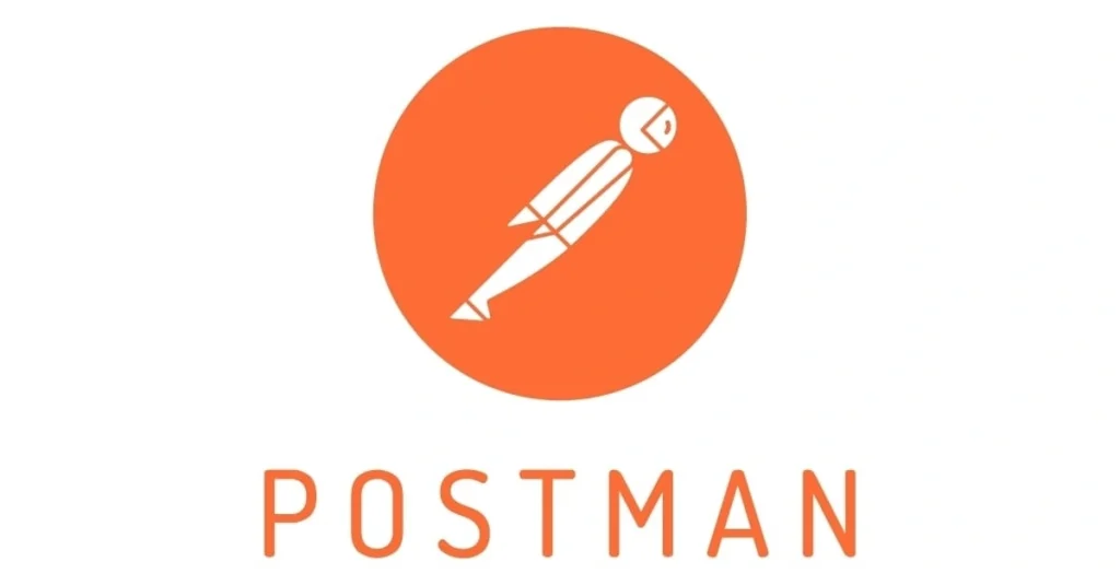 Postman logo with orange text and circular logo with a man inside. Postman logo with orange text and circular logo with a man inside.