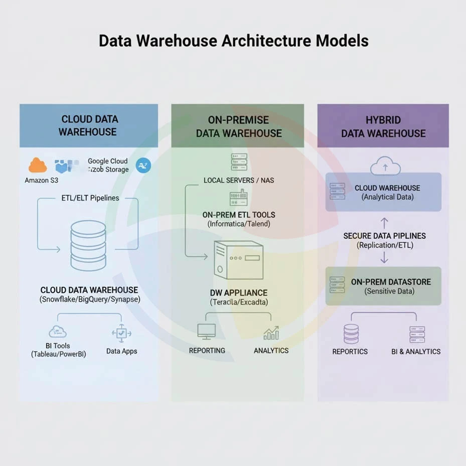 An architecture diagram comparing Cloud, On-Premise, and Hybrid data warehouse models.