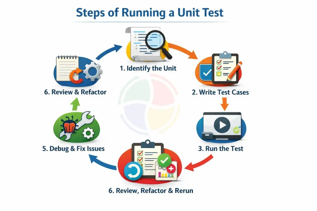 A visual of the 6 core steps of running a unit test, from identifying the unit to reviewing, refactoring & rerunning.