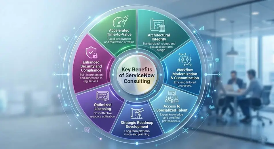 A visual representation of the key benefits of ServiceNow consulting. A visual representation of the key benefits of ServiceNow consulting.