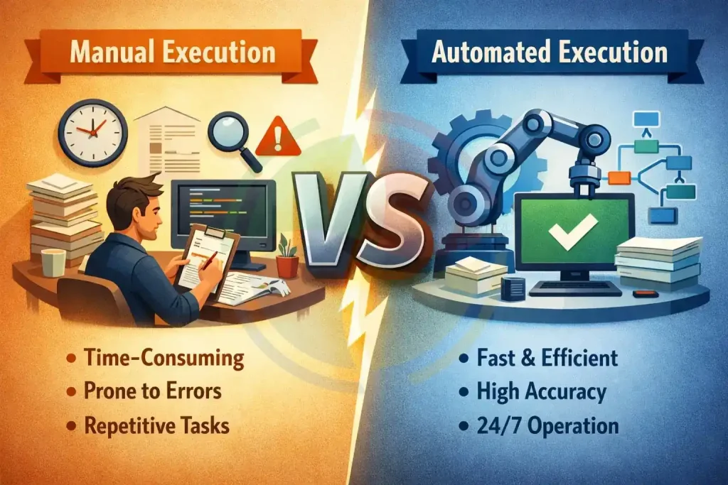 An image demonstrating the contrast between manual and automated unit testing through different colors.