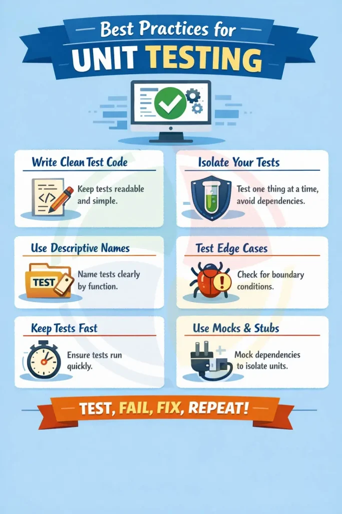 An infographic on best practices for unit testing, including tips like writing clean test code, isolating tests, etc.
