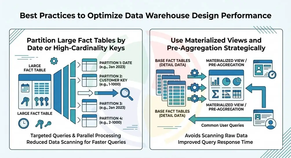 est Practices to optimize data warehouse design performance: partition large tables and use materialized views mindfully.
