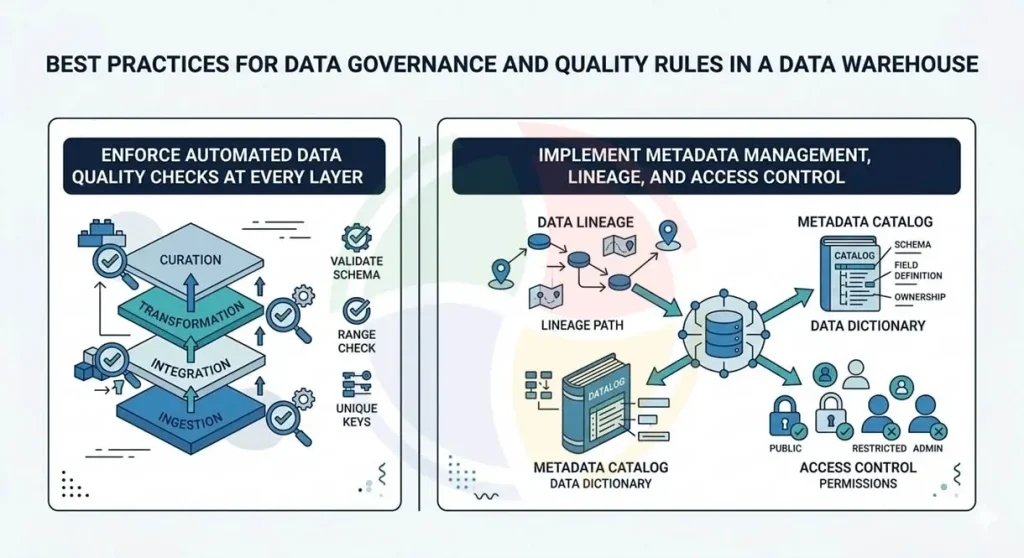 Best practices for data governance and quality: enforce automated data quality checks & implement metadata management, etc.