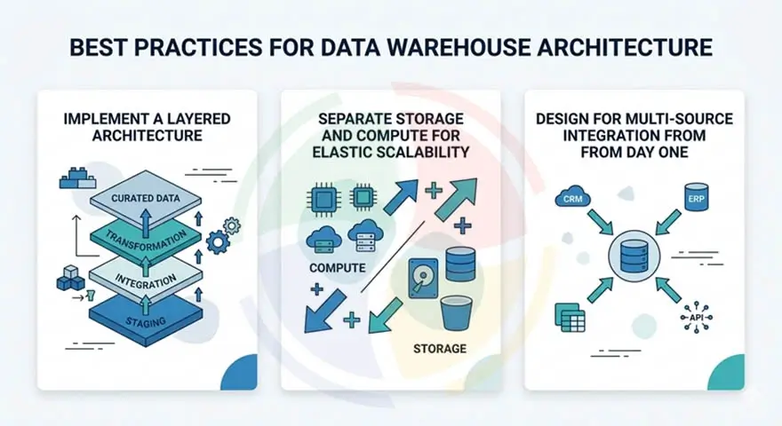 Data warehouse design best practices for architecture: use a layered architecture, design for multi-source integration, etc.
