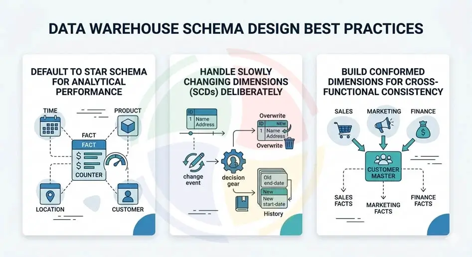 Data warehouse schema design best practices include defaulting to star schema, handling SCDs deliberately, etc.