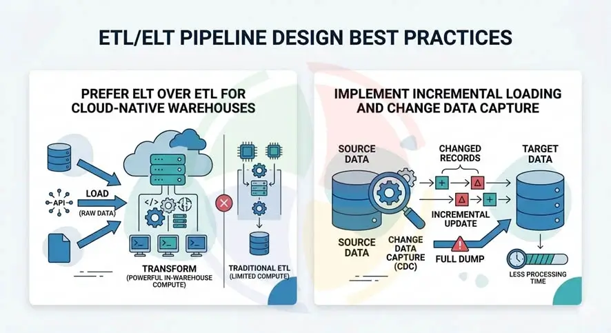 ETL/ELT pipeline design best practices: Prefer ELT over ETL for cloud-native warehouses & implement incremental load & CDC.
