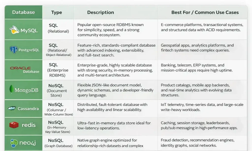 Real-world examples of SQL and NoSQL databases and how each is used.
