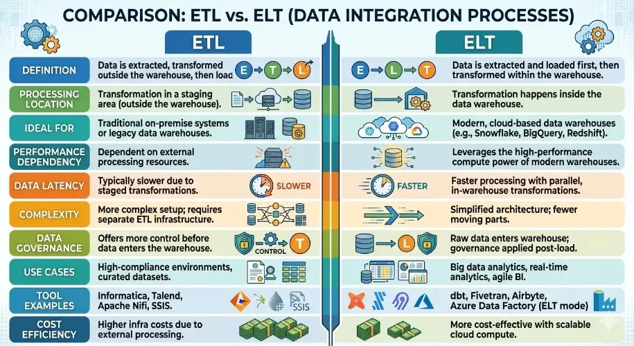Visual comparison chart showing differences between ETL and ELT