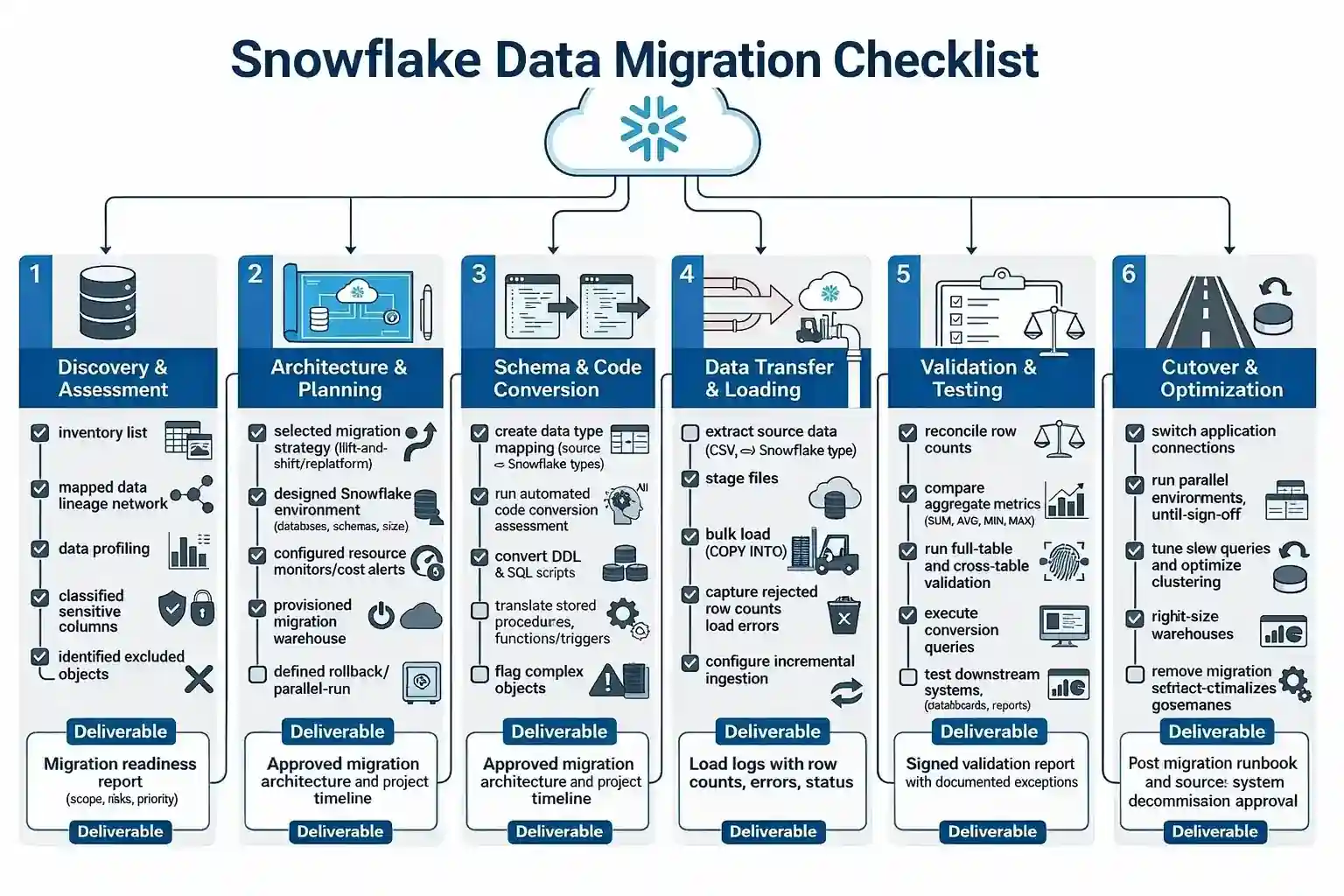 Snowflake data migration checklist covering 6 phases from discovery to optimization, and a checklist for all 6 phases.