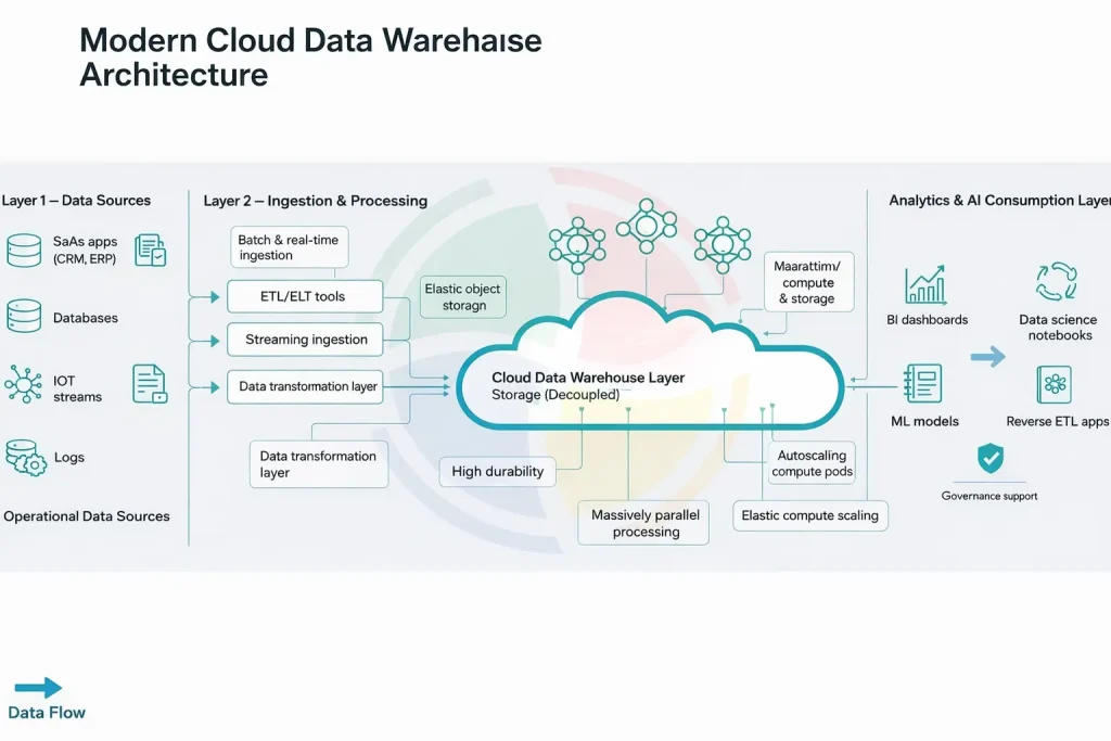 Modern cloud-based data warehouse architecture illustrating ETL pipelines and BI analytics layer
