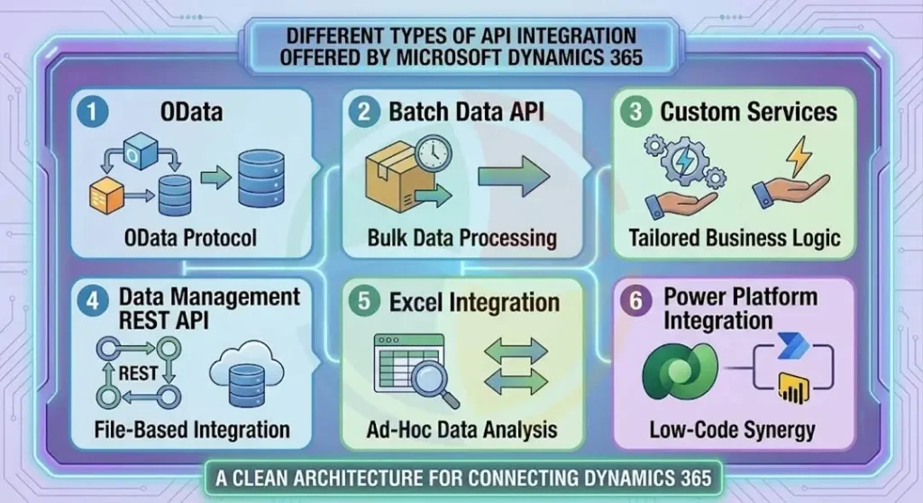 Types of API integration offered by Microsoft Dynamics 365.